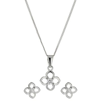 Sterling Silver Four Leaf Pendant and Earring Set