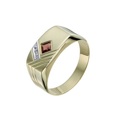 Mens 9ct Yellow Gold Garnet and Diamond