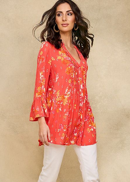 together-coral-floral-print-pintuck-blouse