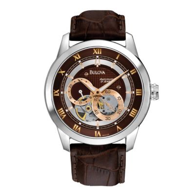 Bulova Men's Stainless Steel Skeleton Brown Strap Watch | H.Samuel