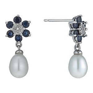 9ct White Gold Freshwater Pearl, Sapphire & Diamond Earrings | H.Samuel