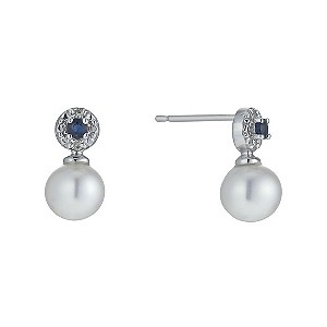 9ct White Gold Freshwater Pearl, Sapphire & Diamond Earrings - H ...