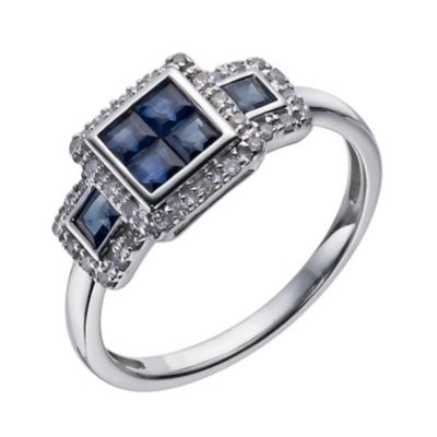 9ct white gold 12 point diamond & sapphire square ring - Ernest Jones