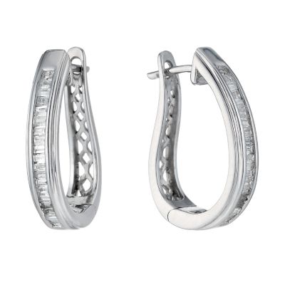 9ct white gold 0.33ct baguette cut diamond hoop earrings - Ernest Jones