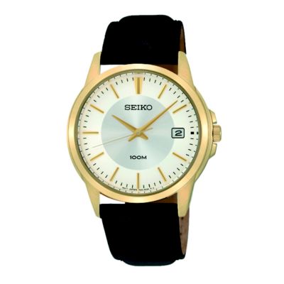 Seiko Men's Gold-Plated Black Leather Strap Watch - H. Samuel the Jeweller