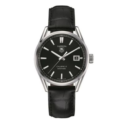 TAG Heuer Carrera Calibre 5 men's black leather strap watch - Ernest Jones