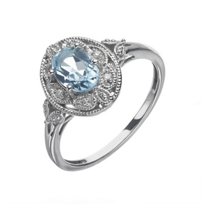 Sterling Silver Vintage Look Oval Blue Topaz & Diamond Ring | H.Samuel