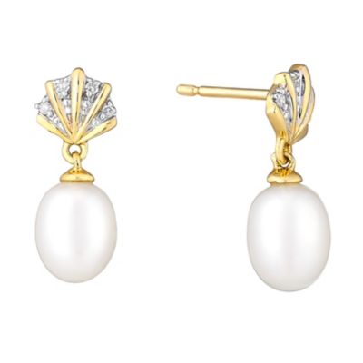 9ct Yellow Gold Pearl And Diamond Fan Drop Earrings | H.Samuel