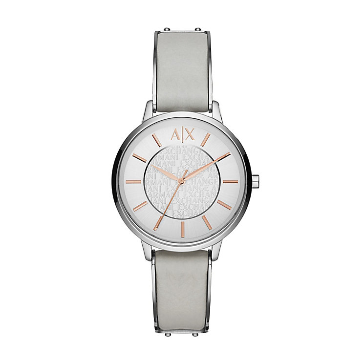 Armani Exchange Ladies' Silver Dial Grey Leather Strap Watch | H.Samuel