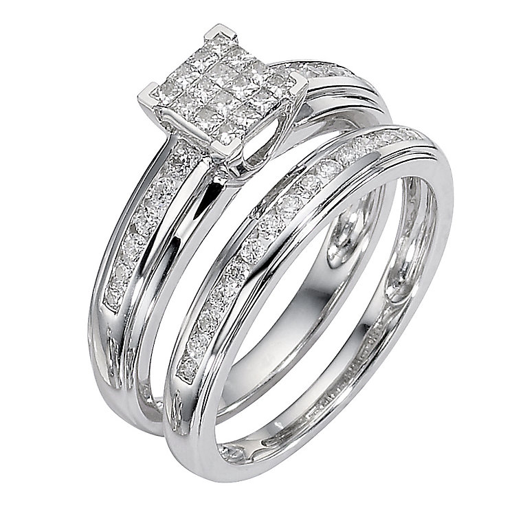 9ct white gold half carat diamond cluster bridal ring set - Ernest Jones