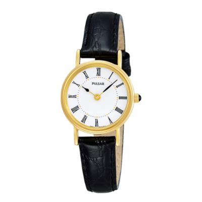 Pulsar Ladies' Gold-Plated Black Strap Watch | H.Samuel