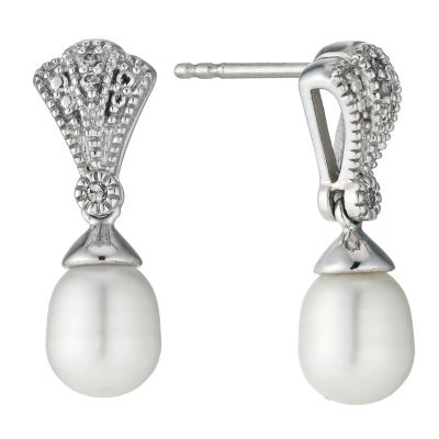 Sterling Silver Diamond Freshwater Pearl Fan Drop Earrings | H.Samuel
