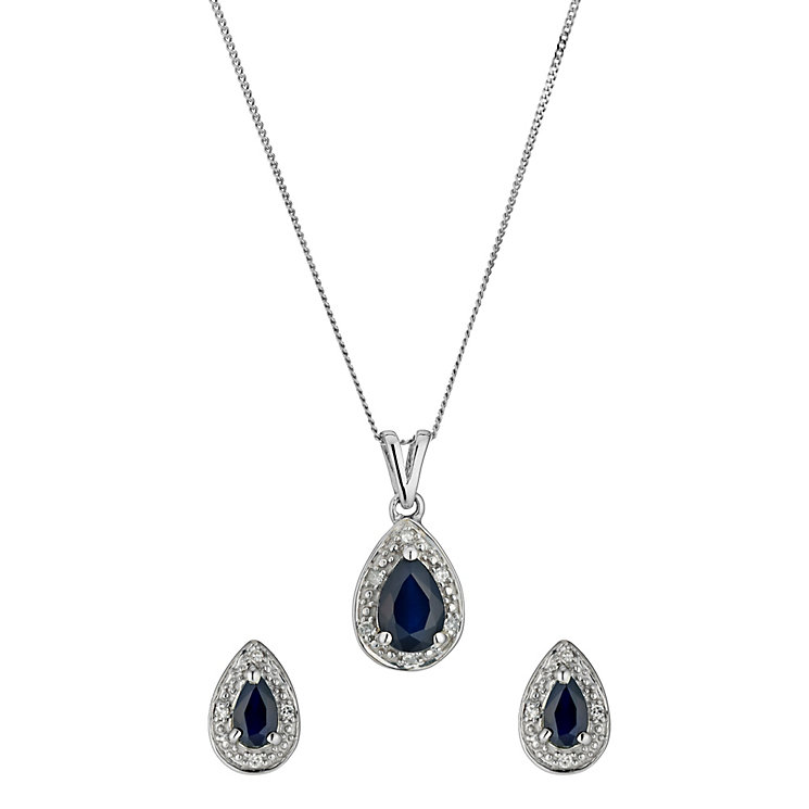9ct white gold diamond and sapphire pendant and earrings ...